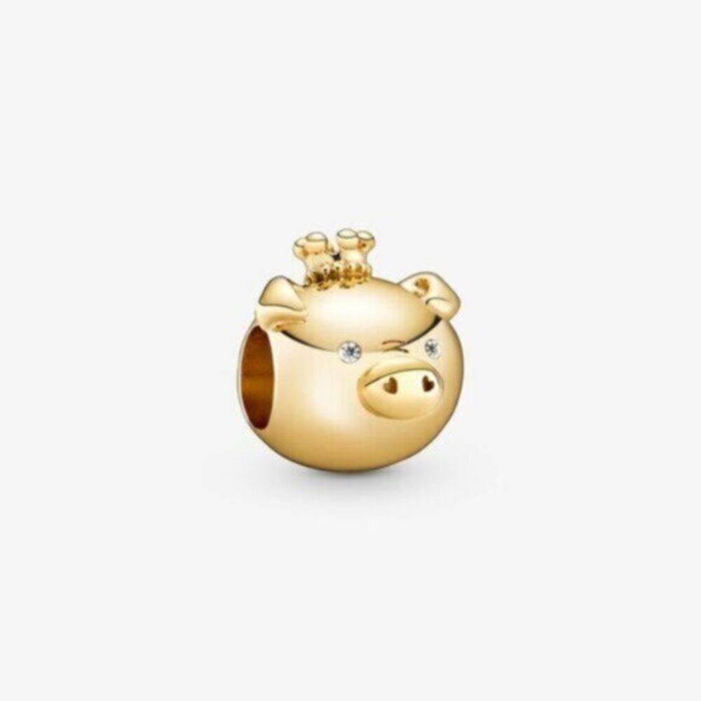 Pandora Gold Pig Charm with Crown and Clear Stones